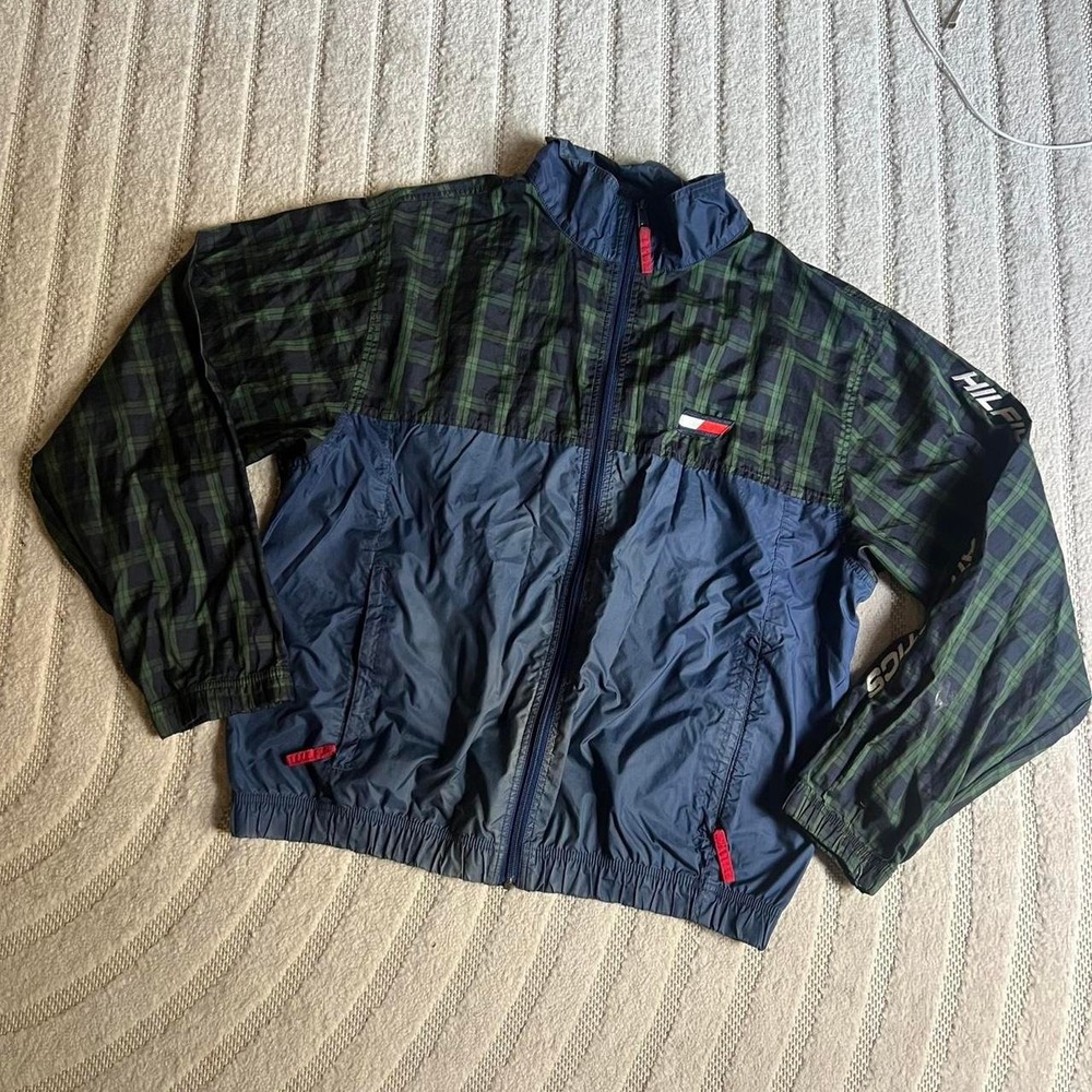 VTG 90s Tommy Hilfiger Athletics Windbreaker jacket Size L Green plaid Sports